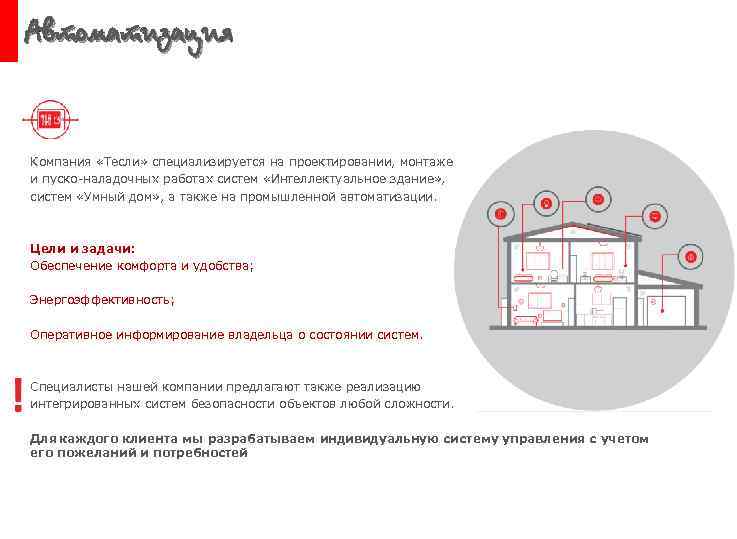 Автоматизация Компания «Тесли» специализируется на проектировании, монтаже и пуско-наладочных работах систем «Интеллектуальное здание» ,