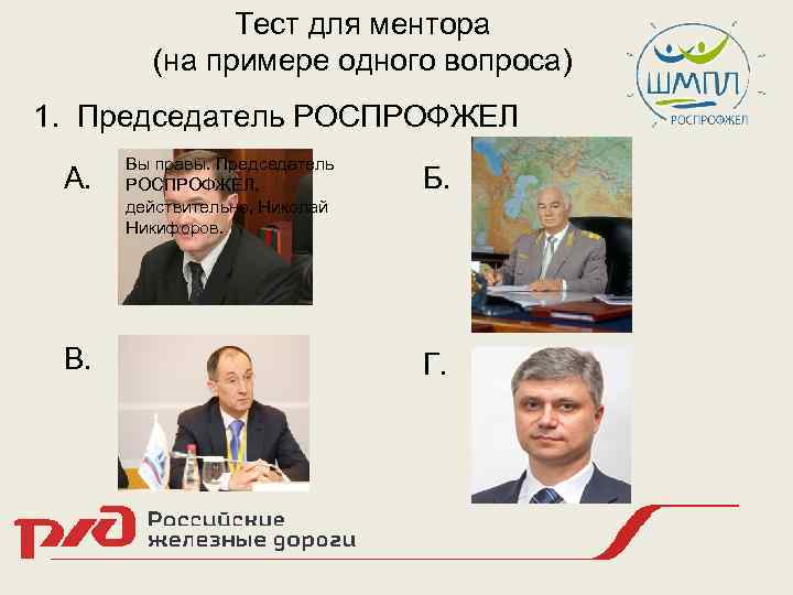 Тест для ментора (на примере одного вопроса) 1. Председатель РОСПРОФЖЕЛ А. Вы правы. Председатель