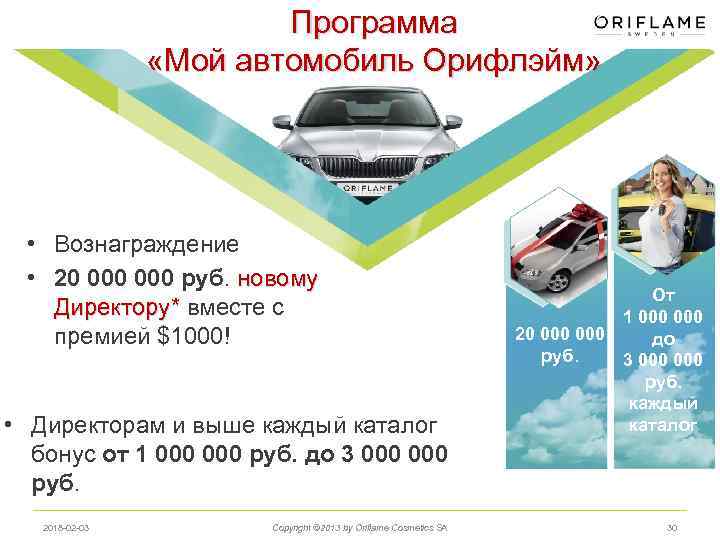 Программа «Мой автомобиль Орифлэйм» • Вознаграждение • 20 000 руб. новому Директору* вместе с
