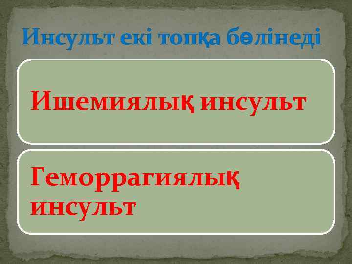 Инсульт екі топқа бөлінеді Ишемиялық инсульт Геморрагиялық инсульт 