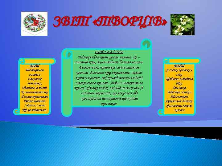 ЗВІТ «ТВОРЦІВ» ВІРШ Під віконцем в мене є Ось росте невеличка, Одягнена в зелене