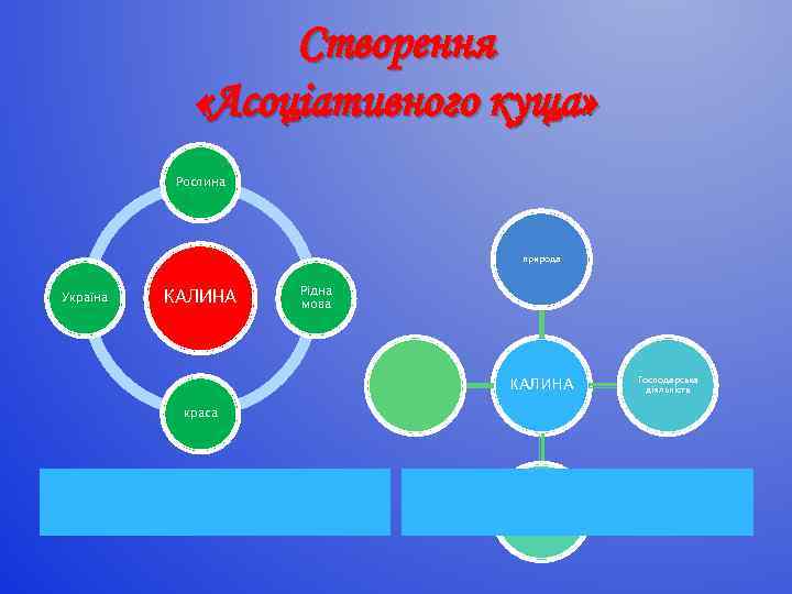 Створення «Асоціативного куща» Рослина природа Україна КАЛИНА Рідна мова КАЛИНА краса Використання в їжі