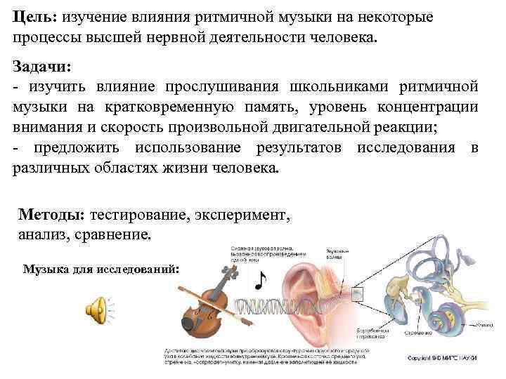 Цель: изучение влияния ритмичной музыки на некоторые процессы высшей нервной деятельности человека. Задачи: -