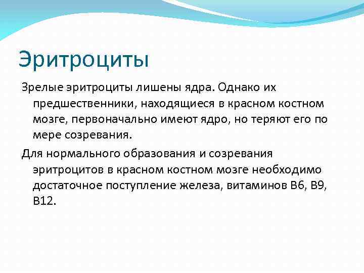 Эритроциты Зрелые эритроциты лишены ядра. Однако их предшественники, находящиеся в красном костном мозге, первоначально