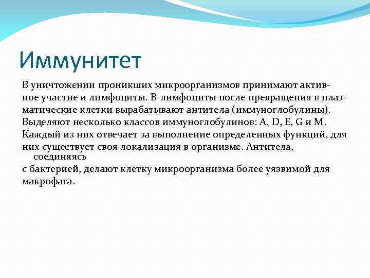Иммунитет В уничтожении проникших микроорганизмов принимают актив ное участие и лимфоциты. В лимфоциты после
