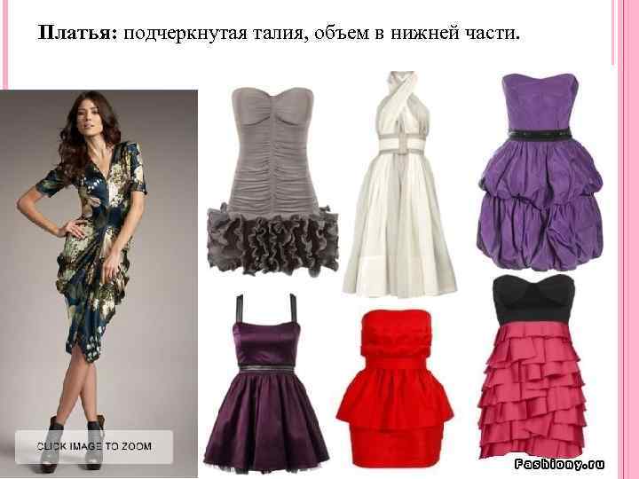 Платья: подчеркнутая талия, объем в нижней части. 