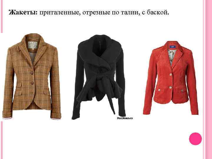 Жакеты: приталенные, отрезные по талии, с баской. 