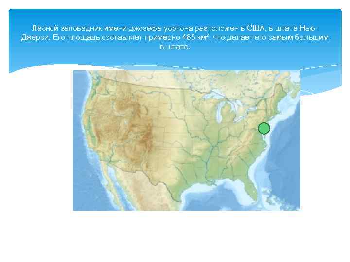 Лесной заповедник имени джозефа уортона разположен в США, в штате Нью. Джерси. Его площадь