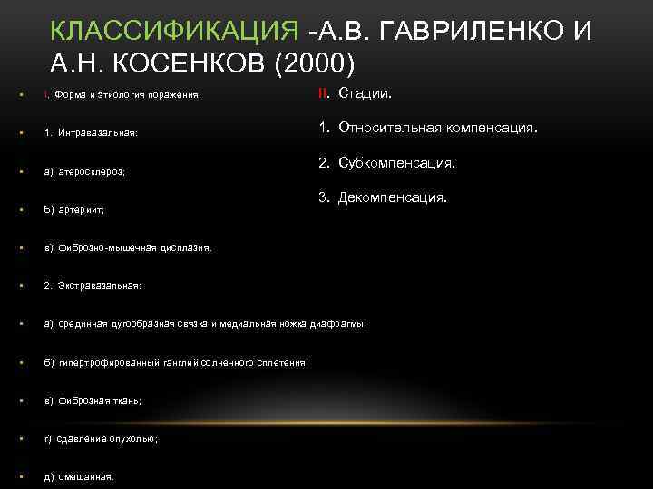 КЛАССИФИКАЦИЯ А. В. ГАВРИЛЕНКО И А. Н. КОСЕНКОВ (2000) • I.  Форма и этиология