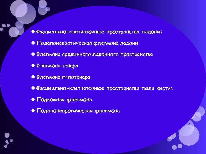  Фасциально-клетчаточные пространства ладони: Подапоневротическая флегмона ладони Флегмона срединного ладонного пространства Флегмона тенара Флегмона