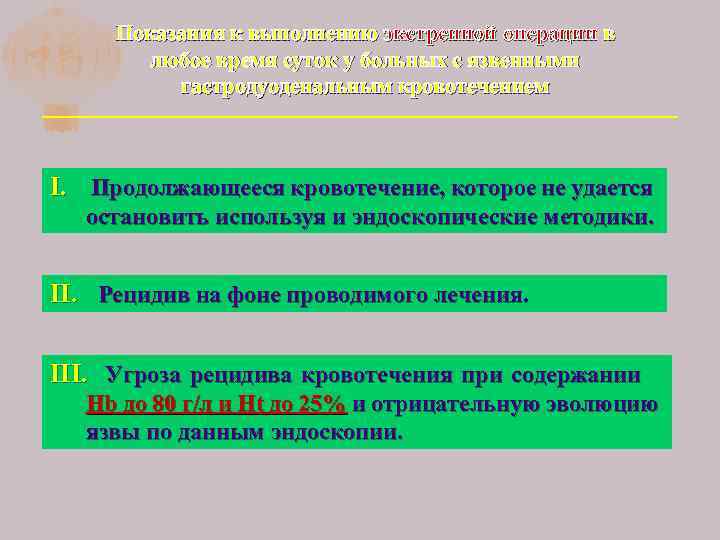 Показания к выполнению экстренной операции в любое время суток у больных с язвенными гастродуоденальным