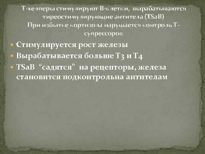 Т-хелперы стимулируют В-клетки, вырабатываются тиреостимулирующие антитела (TSa. B) При избытке кортизола нарушается контроль Тсупрессоров