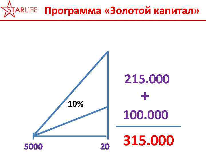 Программа «Золотой капитал» 215. 000 10% + 100. 000 315. 000 