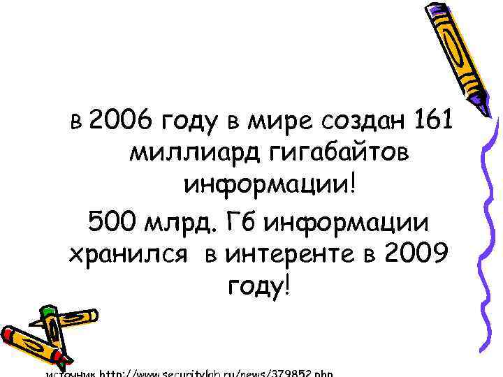 В 2006 году в мире создан 161 миллиард гигабайтов информации! 500 млрд. Гб информации