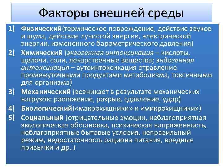 Факторы внешней среды 1) Физический(термическое повреждение, действие звуков и шума, действие лучистой энергии, электрической