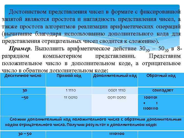 Достоинством представления чисел в формате с фиксированной запятой являются простота и наглядность представления чисел,