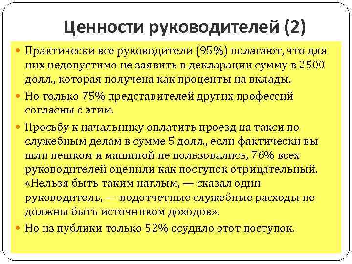 Ценности руководителей (2) Практически все руководители (95%) полагают, что для них недопустимо не заявить