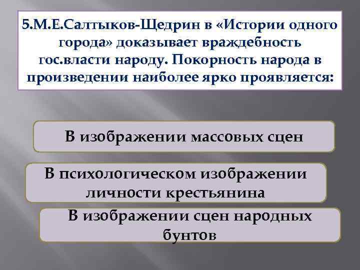 5. М. Е. Салтыков-Щедрин в «Истории одного города» доказывает враждебность гос. власти народу. Покорность