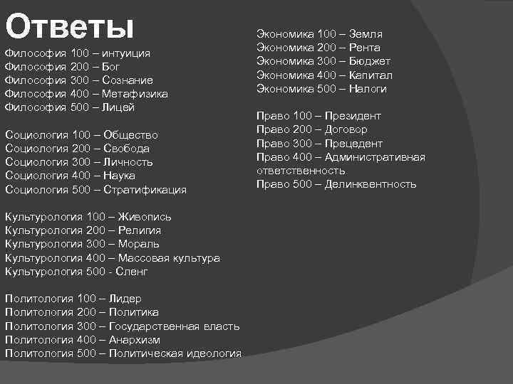 Ответы Философия 100 – интуиция Философия 200 – Бог Философия 300 – Сознание Философия