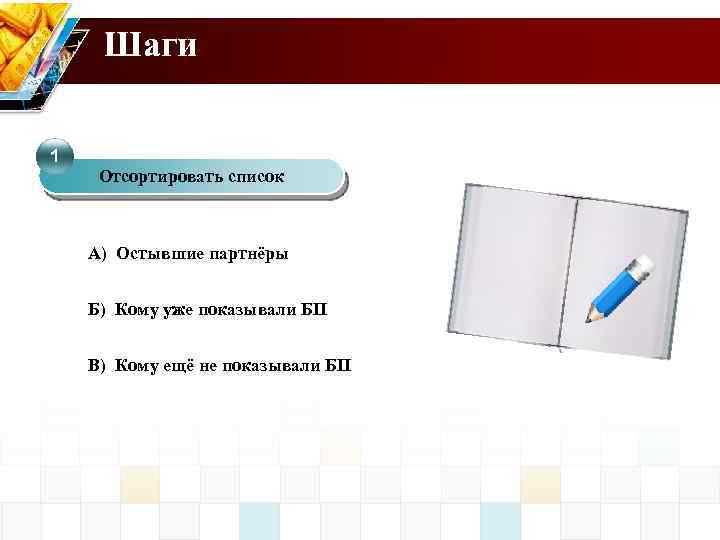 Шаги 1 Отсортировать список 4 А) Остывшие партнёры Б) Кому уже показывали БП В)