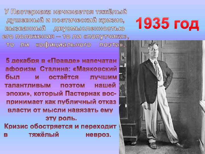 У Пастернака начинается тяжёлый душевный и поэтический кризис, вызванный двусмысленностью его положения – то