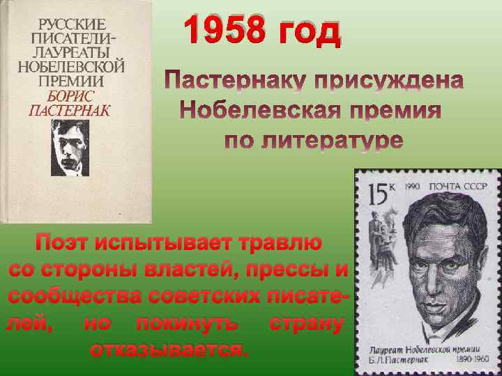 1958 год Поэт испытывает травлю со стороны властей, прессы и сообщества советских писателей, но
