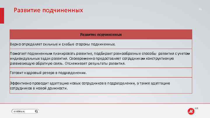 Развитие подчиненных 21 Развитие подчиненных Верно определяет сильные и слабые стороны подчиненных. Помогает подчиненным