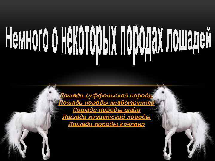 Лошади суффольской породы Лошади породы кнабструппер Лошади породы шайр Лошади лузиатской породы Лошади породы