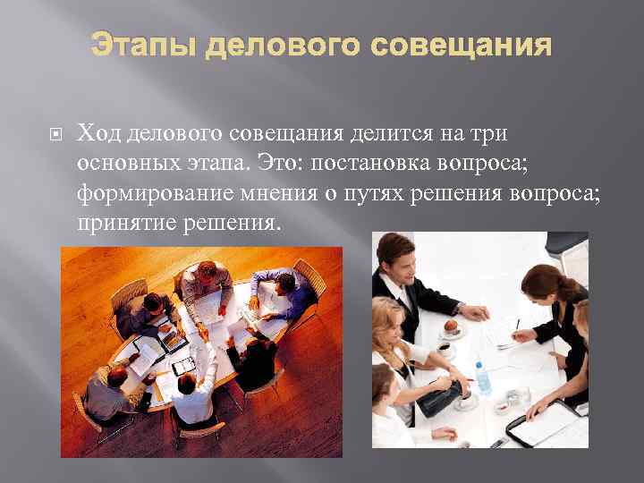 Этапы делового совещания Ход делового совещания делится на три основных этапа. Это: постановка вопроса;