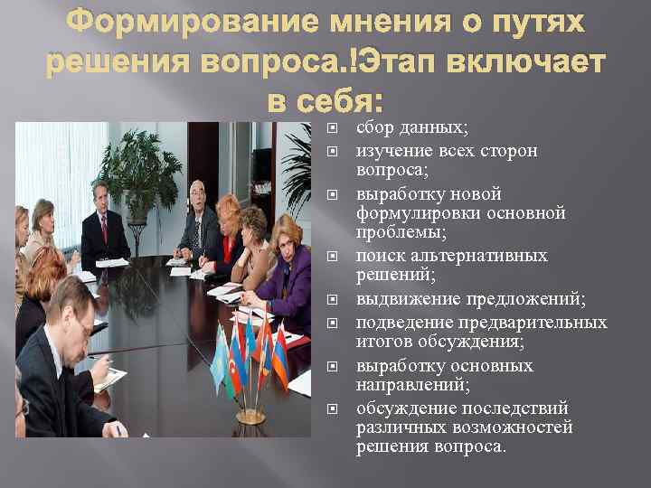 Формирование мнения о путях решения вопроса. Этап включает в себя: сбор данных; изучение всех