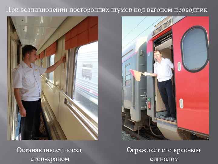 При возникновении посторонних шумов под вагоном проводник Останавливает поезд стоп-краном Ограждает его красным сигналом