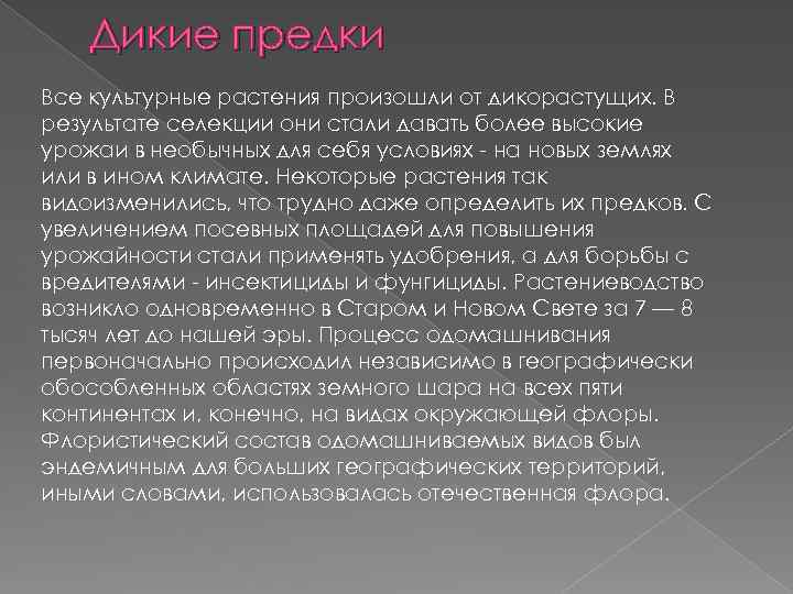 Дикие предки Все культурные растения произошли от дикорастущих. В результате селекции они стали давать