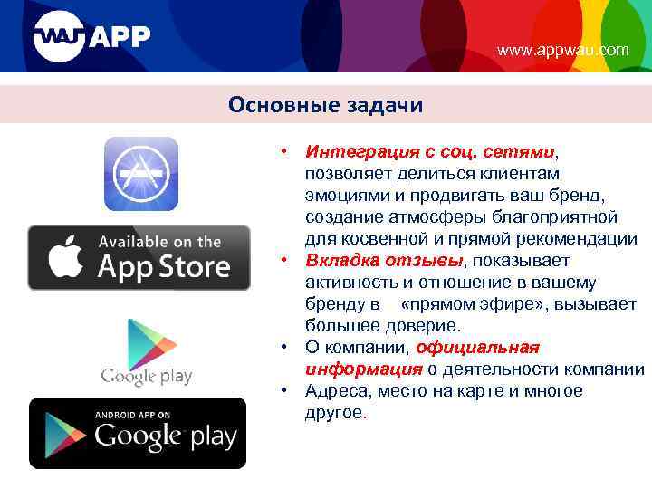 www. appwau. com Основные задачи • Интеграция с соц. сетями, позволяет делиться клиентам эмоциями