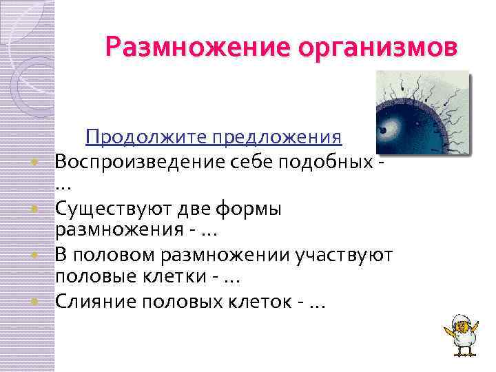 Размножение организмов Продолжите предложения Воспроизведение себе подобных … Существуют две формы размножения - …