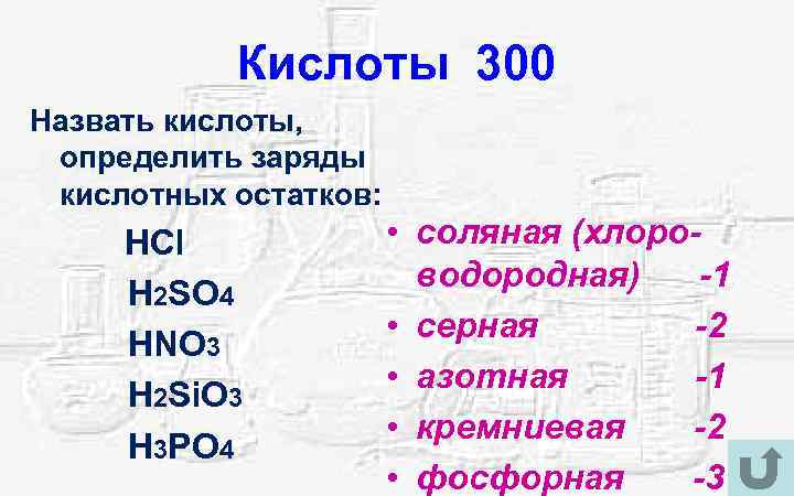 Кислоты 300 Назвать кислоты, определить заряды кислотных остатков: HCl H 2 SO 4 HNO