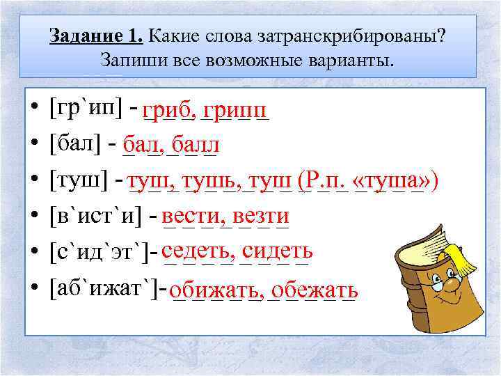 Задание 1. Какие слова затранскрибированы? Запиши все возможные варианты. • • • [гр`ип] -
