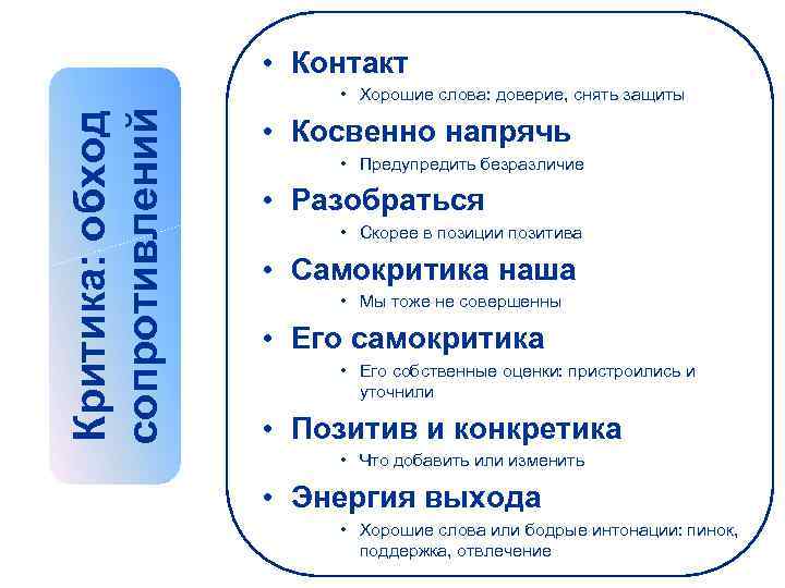  • Контакт Критика: обход сопротивлений • Хорошие слова: доверие, снять защиты • Косвенно
