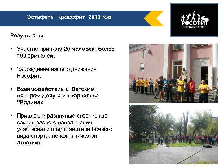 Эстафета кроссфит 2013 год Результаты: • Участие приняло 20 человек, более 100 зрителей; •