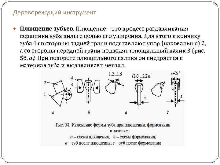Дереворежущий инструмент Плющение зубьев. Плющение – это процесс раздавливания вершинки зуба пилы с целью