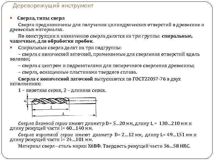 Дереворежущий инструмент Сверла, типы сверл Сверла предназначены для получения цилиндрических отверстий в древесине и