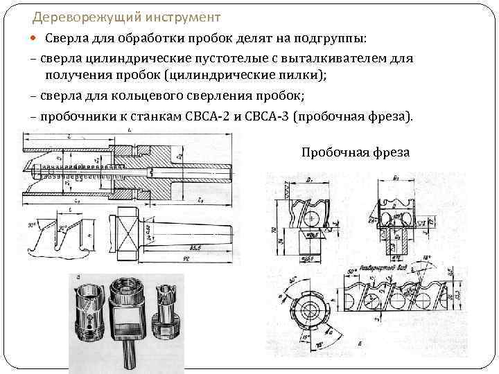 Дереворежущий инструмент Сверла для обработки пробок делят на подгруппы: – сверла цилиндрические пустотелые с