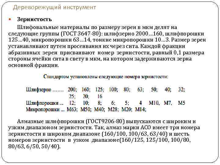 Дереворежущий инструмент Зернистость Шлифовальные материалы по размеру зерен в мкм делят на следующие группы