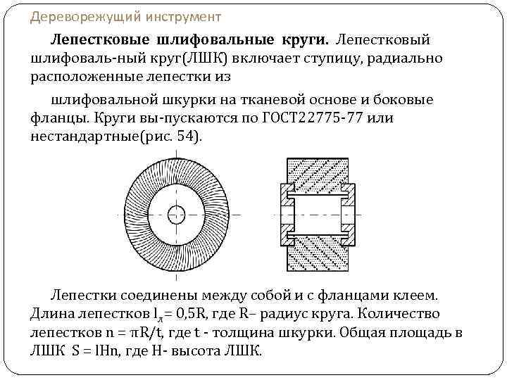 Дереворежущий инструмент Лепестковые шлифовальные круги. Лепестковый шлифоваль-ный круг(ЛШК) включает ступицу, радиально расположенные лепестки из