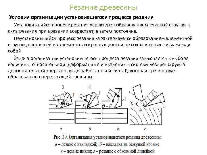 Резание древесины Условия организации установившегося процесса резания Установившийся процесс резания характерен образованием сливной стружки