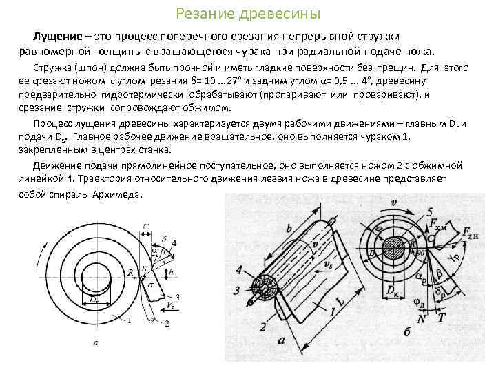 Резание древесины Лущение – это процесс поперечного срезания непрерывной стружки равномерной толщины с вращающегося