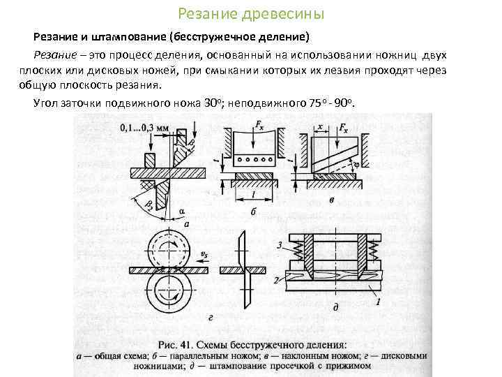 Резание древесины Резание и штампование (бесстружечное деление) Резание – это процесс деления, основанный на