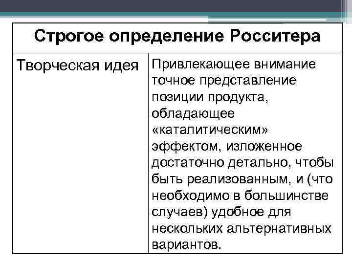 Строгое определение Росситера Творческая идея Привлекающее внимание точное представление позиции продукта, обладающее «каталитическим» эффектом,