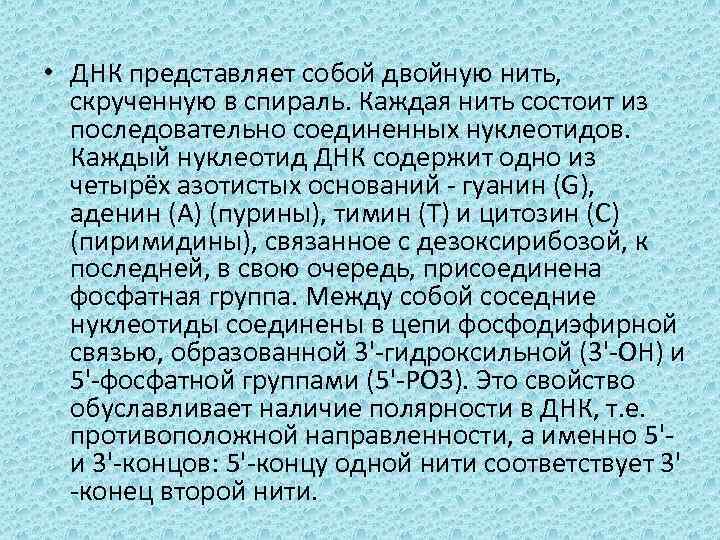  • ДНК представляет собой двойную нить, скрученную в спираль. Каждая нить состоит из