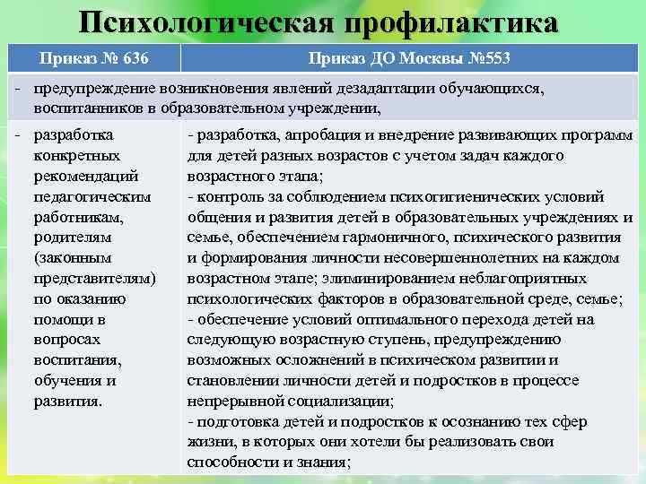 Психологическая профилактика Приказ № 636 Приказ ДО Москвы № 553 - предупреждение возникновения явлений