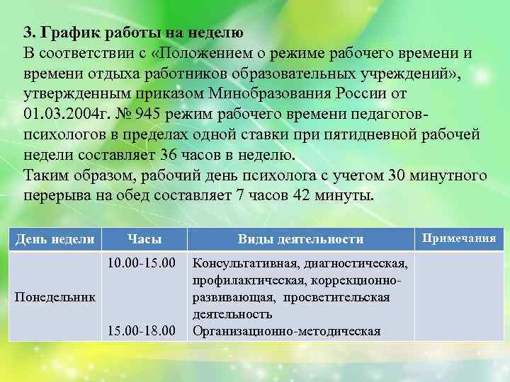 3. График работы на неделю В соответствии с «Положением о режиме рабочего времени и